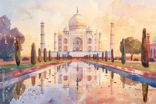 A painting of the Taj Mahal with a waterway in the background photo