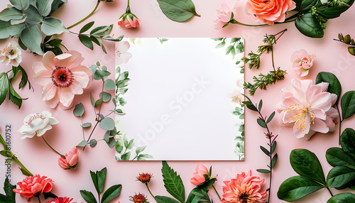 Watercolor blank greeting card template with beautiful flowers around, perfect for Mother's Day and other special occasions.