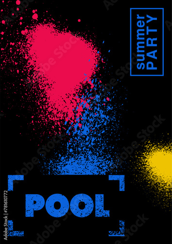 Summer Pool Party typographic grunge vintage poster design with colorful splash stains. Vector illustration.