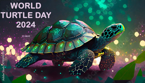 Contemporary Digital Colorful illustration with Polygonal Turtle. Multicolored Cute cyber little Turtles. World Turtle Day. Illustration Design. Copy Space.