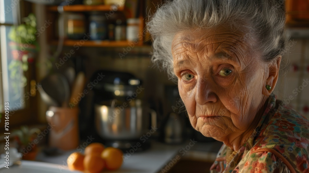 An elderly woman with gray hair and a stern expression sits in the kitchen. There is a saucepan on the stove behind him. The kitchen has wooden cabinets and shelves. An elderly woman with gray hair and a stern expression sits in the kitchen. There is a saucepan on the stove behind him. The kitchen has wooden cabinets and shelves.