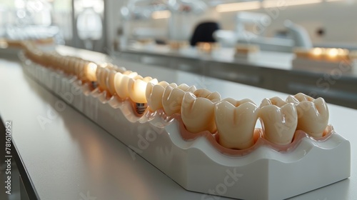 Detailed view of dental implants and prosthetic teeth in a modern dental laboratory photo