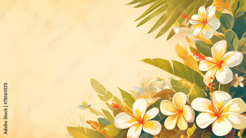 Beautiful watercolor plumeria frangipani flowers illustration over light yellow background. Tropical floral background template with copy space