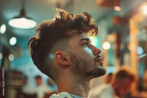 A man with a shaved head sits in a barber shop