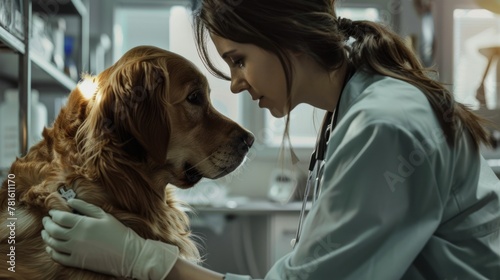 A girl veterinarian in a lab coat and gloves holds a golden retriever in the veterinary office. The dog looks at the veterinarian who is bending over her.