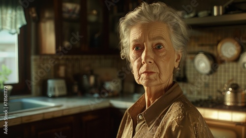 An elderly woman with gray hair and a serious expression is standing in the kitchen.