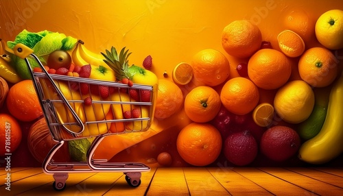 Einkaufswagen gefüllt mit frischen Obst. photo