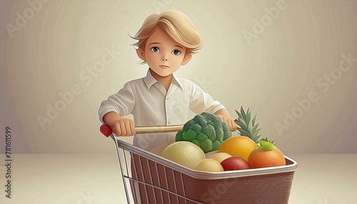 ein Junge schiebt ein Einkaufswagen mit gesunden Obst und Gemüse. photo