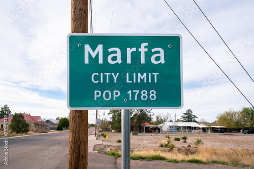 Marfa  Texas City Limit Sign Indicating a Population of 1788 on a Desert Roadside photo