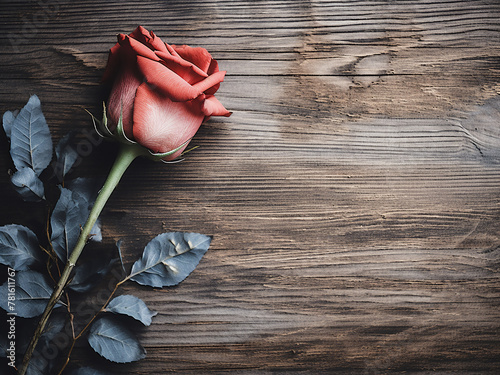 A worn wooden background adds vintage charm to a faded rose