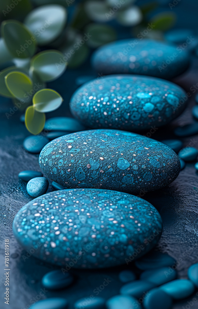 Spa stones and green leaves on dark background Spa stones and green leaves on dark background