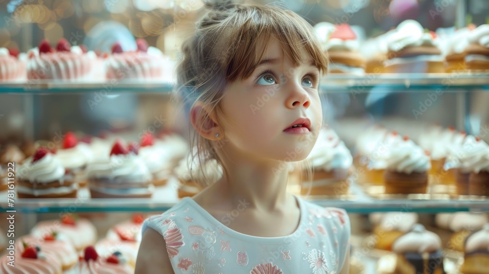 A little girl in a white dress against the background of a glass display case with cakes and cupcakes.