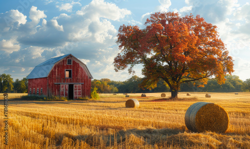 Autumn rural landscape with golden field and red barn. Beautiful trees and haystacks on the field. photo