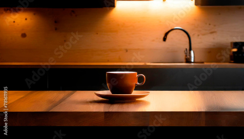 Modern minimalist wooden kitchen with cup of coffee on table. Coffee Style, Low lights.