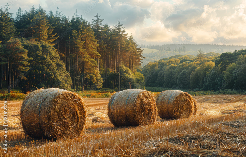Hay bales in field at sunset. A hay bales are all together in a field with trees