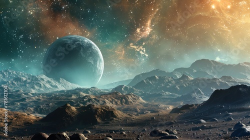 A large planet to the left above a rocky landscape. The sky is strewn with stars.