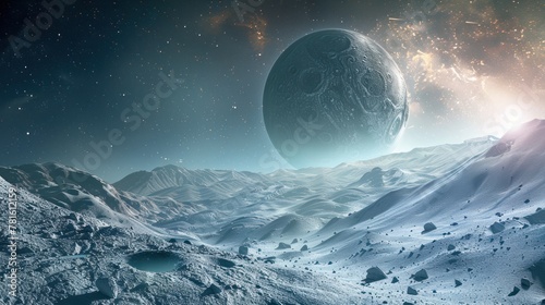 A large planet, partially hidden by a mountain range. The mountain range has a gray tone, and the planet is blue-brown. The sky is blue, with white stars scattered throughout the image.