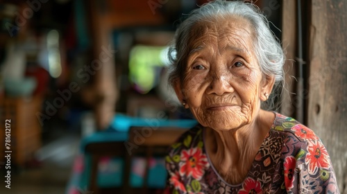 An old woman with gray hair and a shirt with a floral pattern sits in a room in a private house. photo