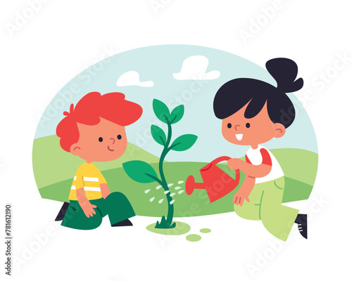 Small children boy and girl planting a plant. girl is watering flowers. Kids are gardening, take care of nature, support the environment, make the planet healthier and greener volunteering eco tourism © olgache