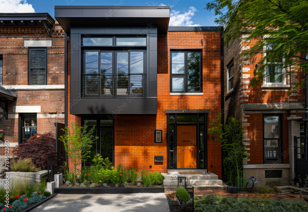 Fototapeta premium Modern home with red brick exterior.