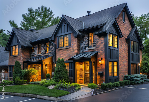 Large brick house with dark roof and large front door