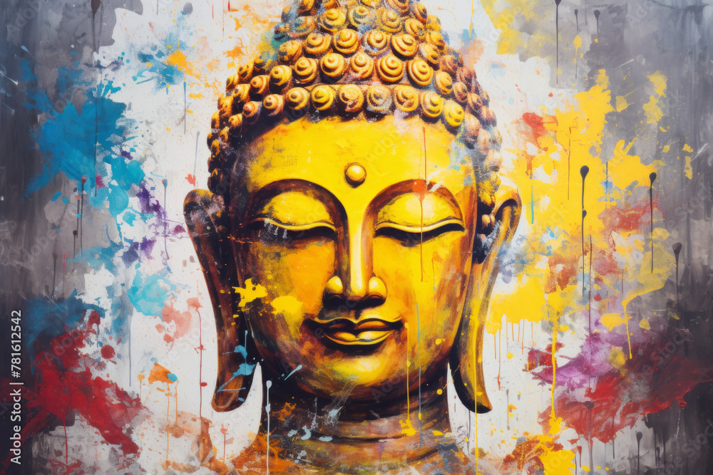 Buddha Portrait Colorful Abstract Painting. Meditation Art Concept