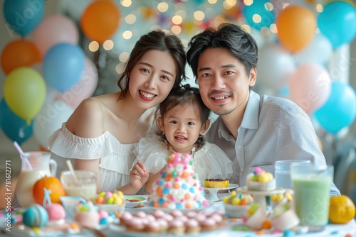 Asian family celebrating a child's birthday at a table filled with sweets and treats.