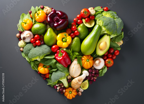 Healthy food concept of human heart made of vegetable and fruit mix that reduce death risk isolated on grey.