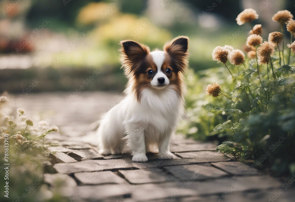 Cute papillon puppy in the garden Cute papillon puppy in the garden