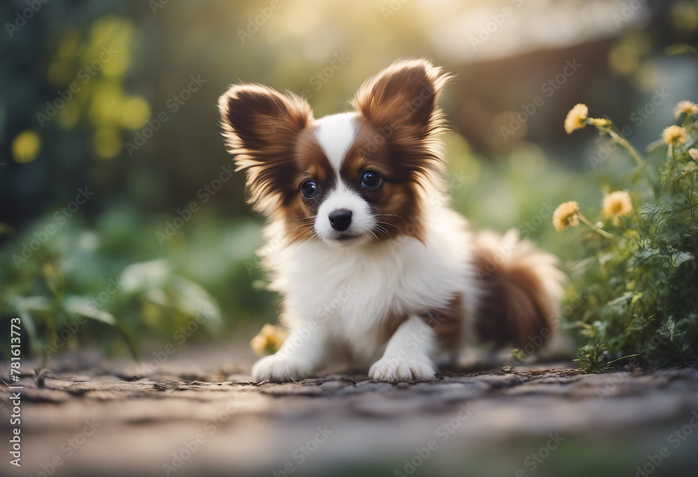 Cute papillon puppy sitting in the garden Cute papillon puppy sitting in the garden