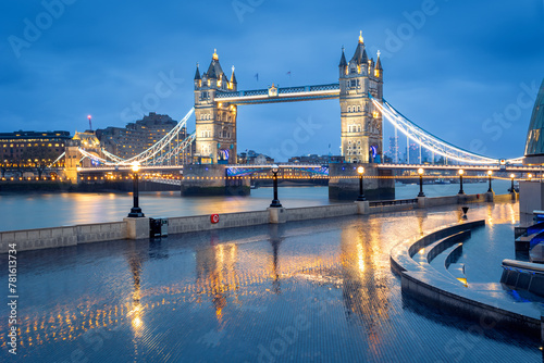 Illuminated Tower Bridge during blue hour, London, the United Kingdom