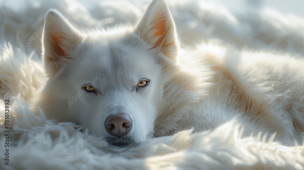 Naklejka premium a white dog is laying in a fluffy bed covered by a fluffy blanket