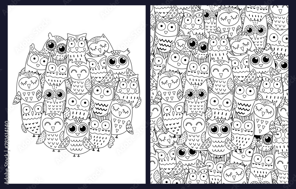 Fototapeta premium Cute doodle owls coloring pages set. Black and white templates bundle with funny woodland characters. Outline background. Vector illustration