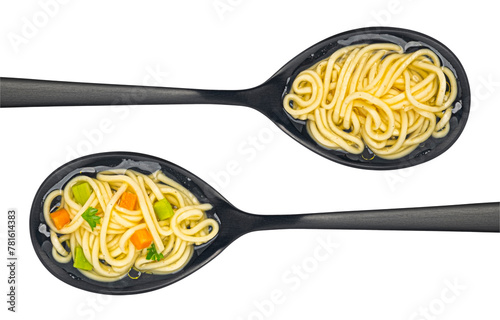 Instant noodle soup in spoon isolated on white background, top view