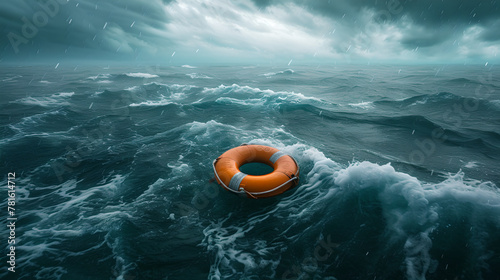 Lifebuoy Floating on sea in storm , cinematic composition,  seascapes, cloudy sky, Submissive buoyancy, rescue equipment ,  beacon of hope and safety in vast expanse, ocean photo
