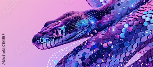 A digitally created image of a snake with vibrant purple and blue scales photo