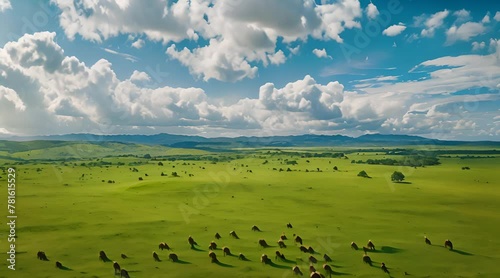 Wide open green field under a blue sky with fluffy clouds, grazing horses in Arauca, Colombia, aerial view photo
