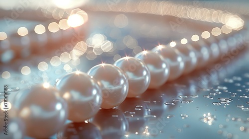 Close-up of a mirrored surface with pearl beads arranged diagonally.