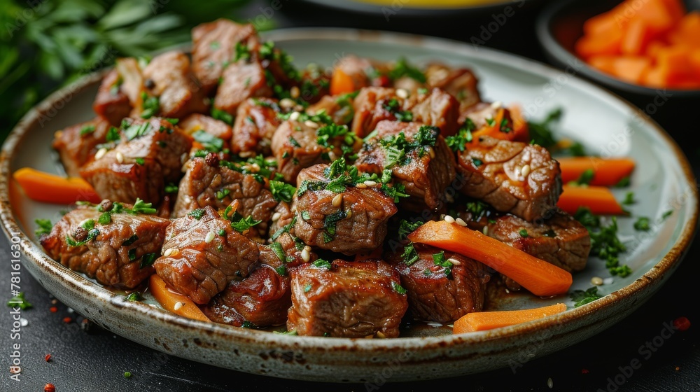 Roasted meat with vegetables and fried carrots. Carrot topping and meat recipe.