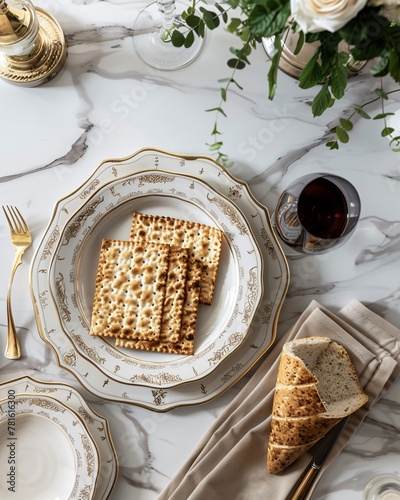 Jewish holiday Passover concept with matzah . Top view