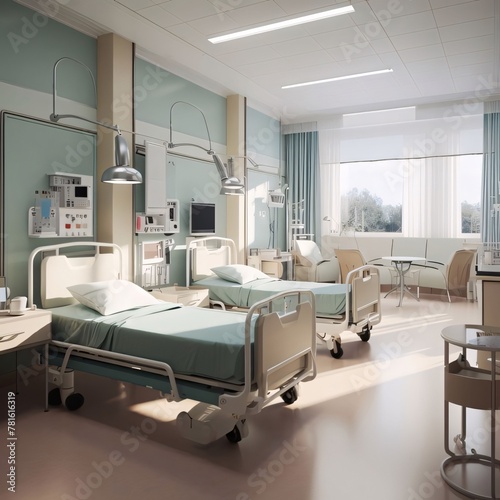 Modern hospital ward interior with beds and equipment. 3d render.