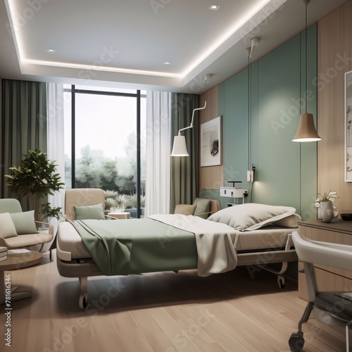 3d rendering luxury modern bedroom suite in hotel with green and wooden walls