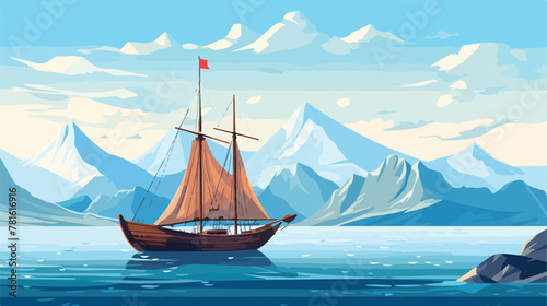 Old wooden sailboat floating in sea snowy rocky mou