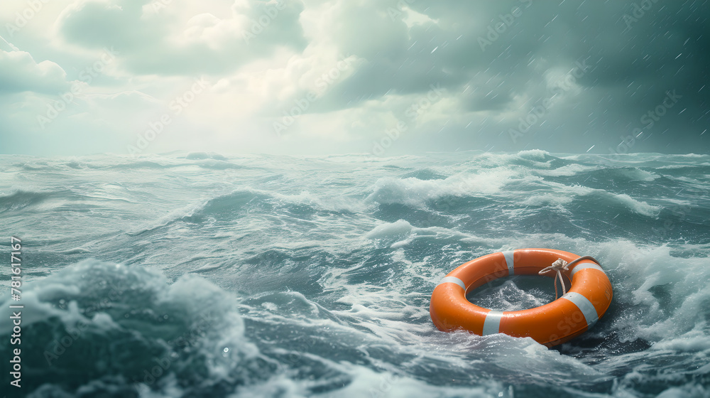 Lifebuoy Floating on sea in storm , cinematic composition,  seascapes, cloudy sky, Submissive buoyancy, rescue equipment ,  beacon of hope and safety in vast expanse, ocean