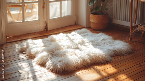 On the laminate floor in the room, there is sheep skin. It's a cozy place.