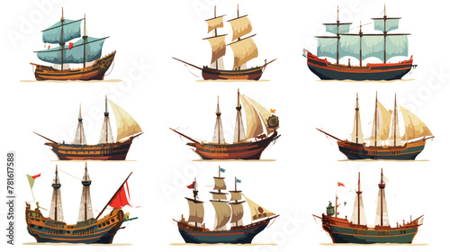 Old wooden ships. Cartoon sailing ship wind sail bo