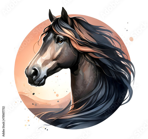 Horse. Horse head. Mare. Portrait. Watercolor. Isolated illustration on a white background. Banner. Close-up
