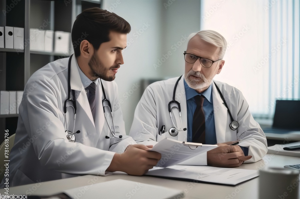 Doctor and patient discussing something while sitting at the table in the office Doctor and patient discussing something while sitting at the table in the office