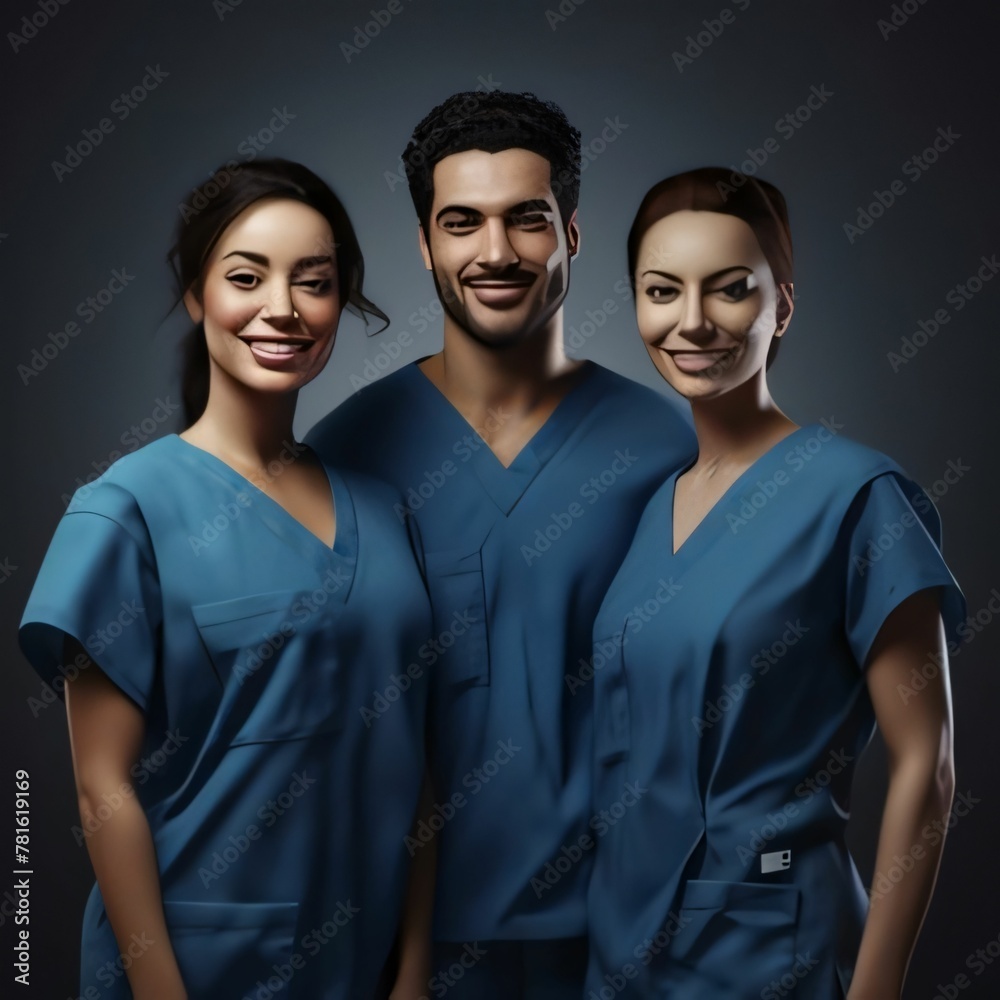 Portrait of three smiling doctors in blue scrubs over dark background Portrait of three smiling doctors in blue scrubs over dark background