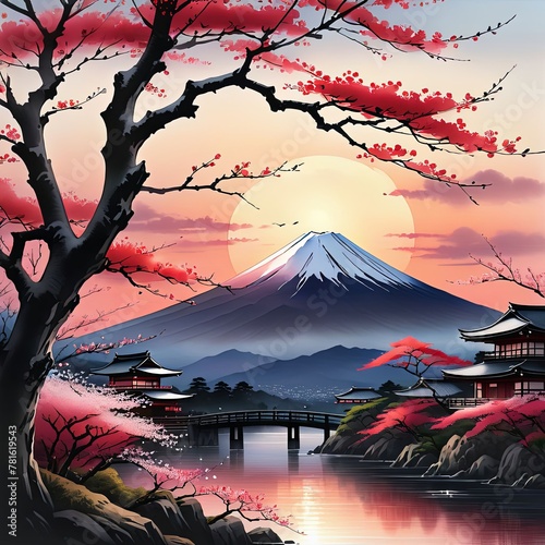 Serene landscape with mountain, pagoda in background. For meditation apps, on covers of books about spiritual growth, in designs for yoga studios, spa salons, illustration for articles on inner peace.